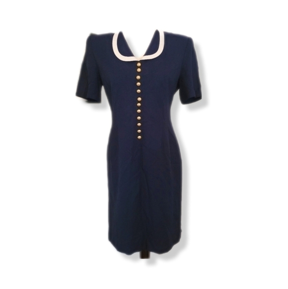 VINTAGE 80s Navy Button Down Collar  Secretary Nautical Dress Size 8 - Picture 1 of 11